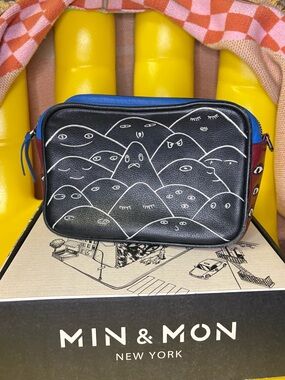 Min & Mon Black Leather Bag with Royal Blue and Deep Red Accents